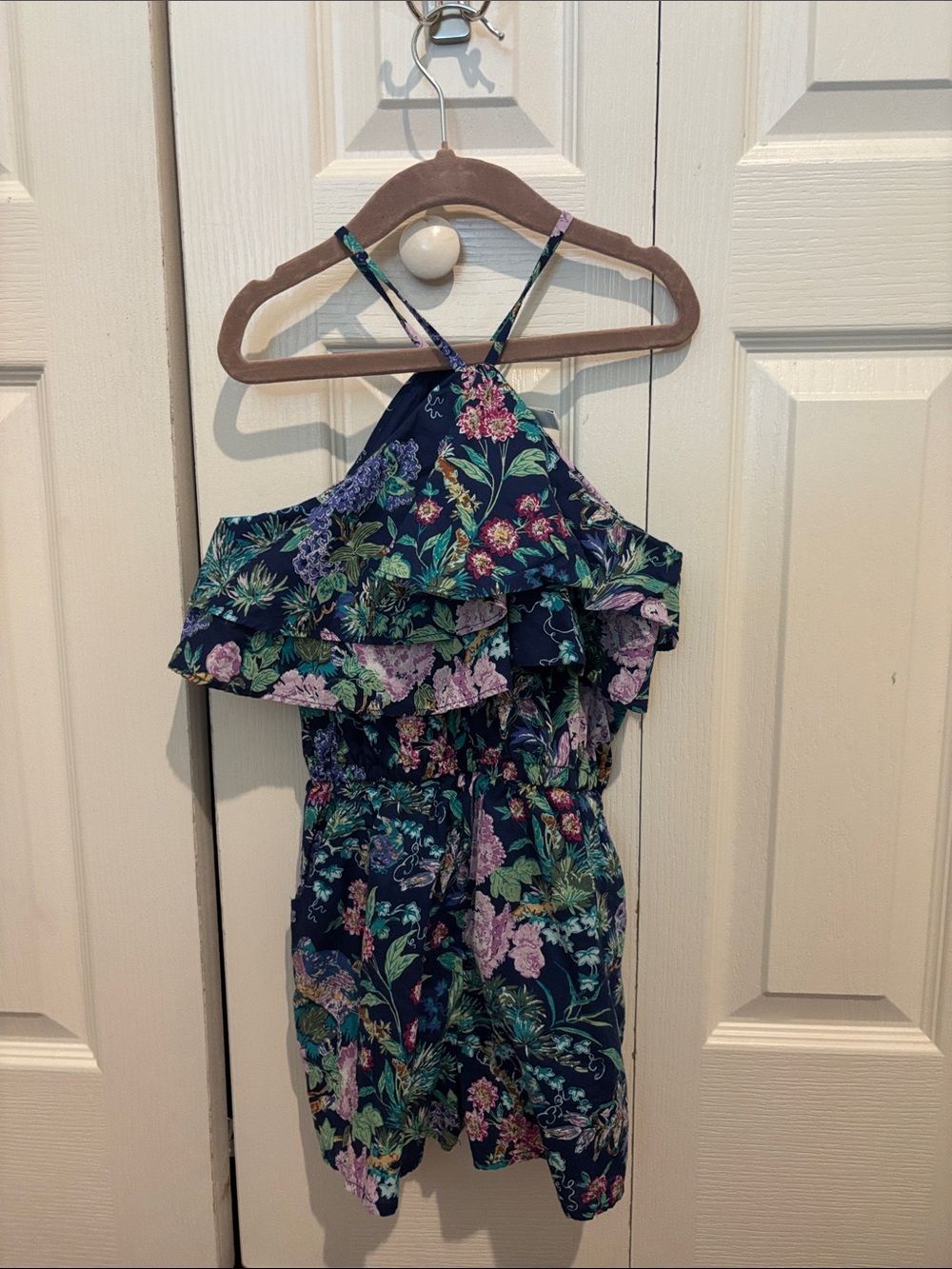 Janie and Jack Navy Floral Halter Romper with Ruffle